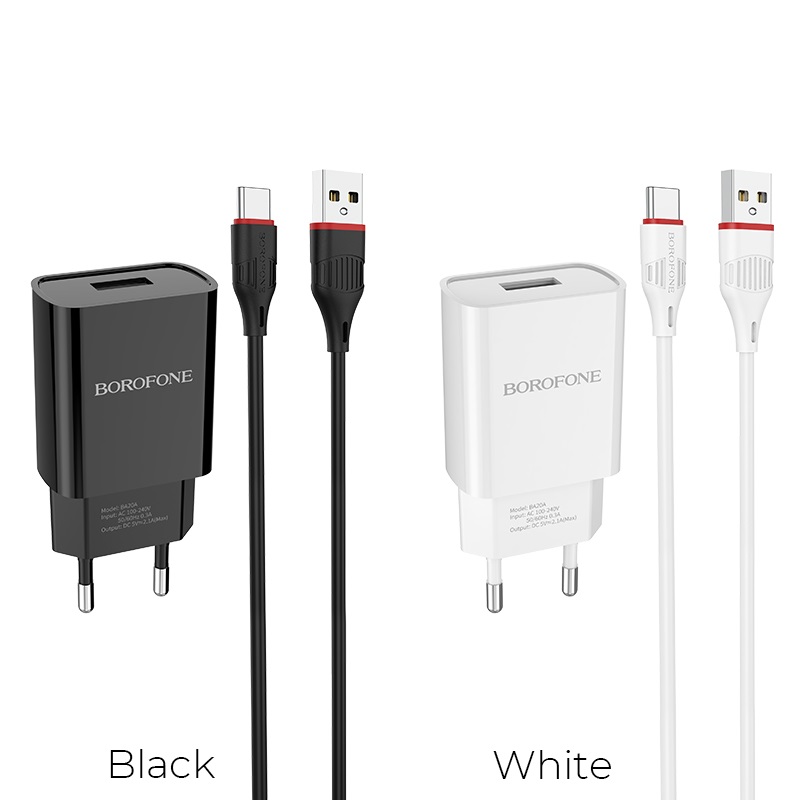 Сетевое зарядное устройство USB + кабель Type-C BOROFONE BA20A Sharp 2100 mAh (черный)