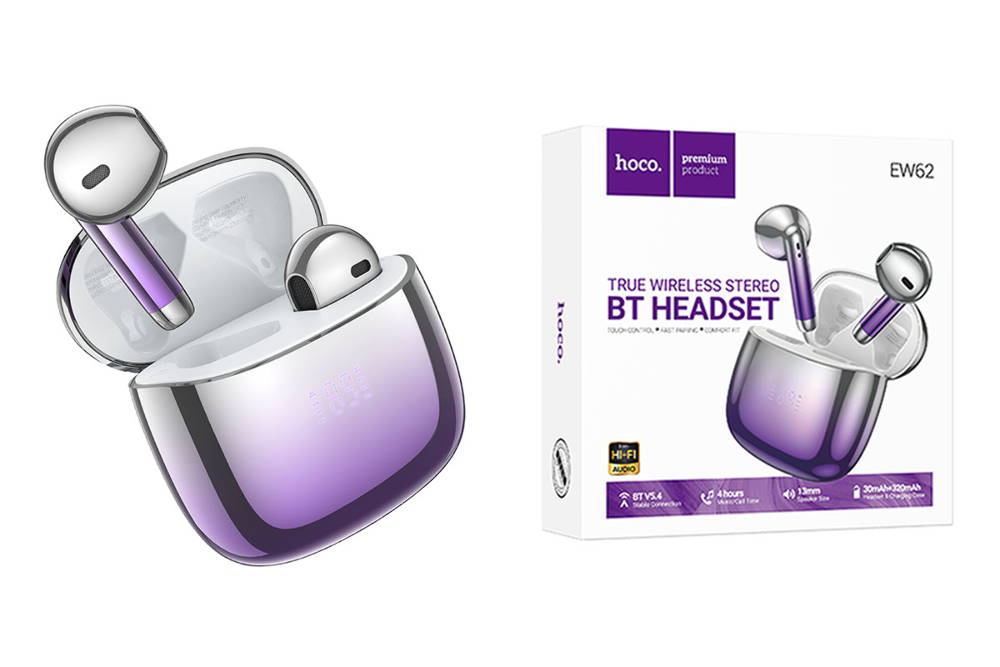 Наушники вакуумные беспроводные HOCO EW62 Glitter wireless BT headset (фиолетовая глазурь)