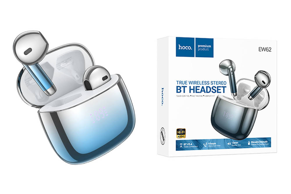 Наушники вакуумные беспроводные HOCO EW62 Glitter wireless BT headset (синяя глазурь)