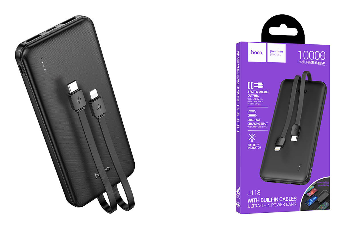 Универсальный дополнительный аккумулятор Power Bank HOCO J118 Speed energy with cable (10000mAh) (че